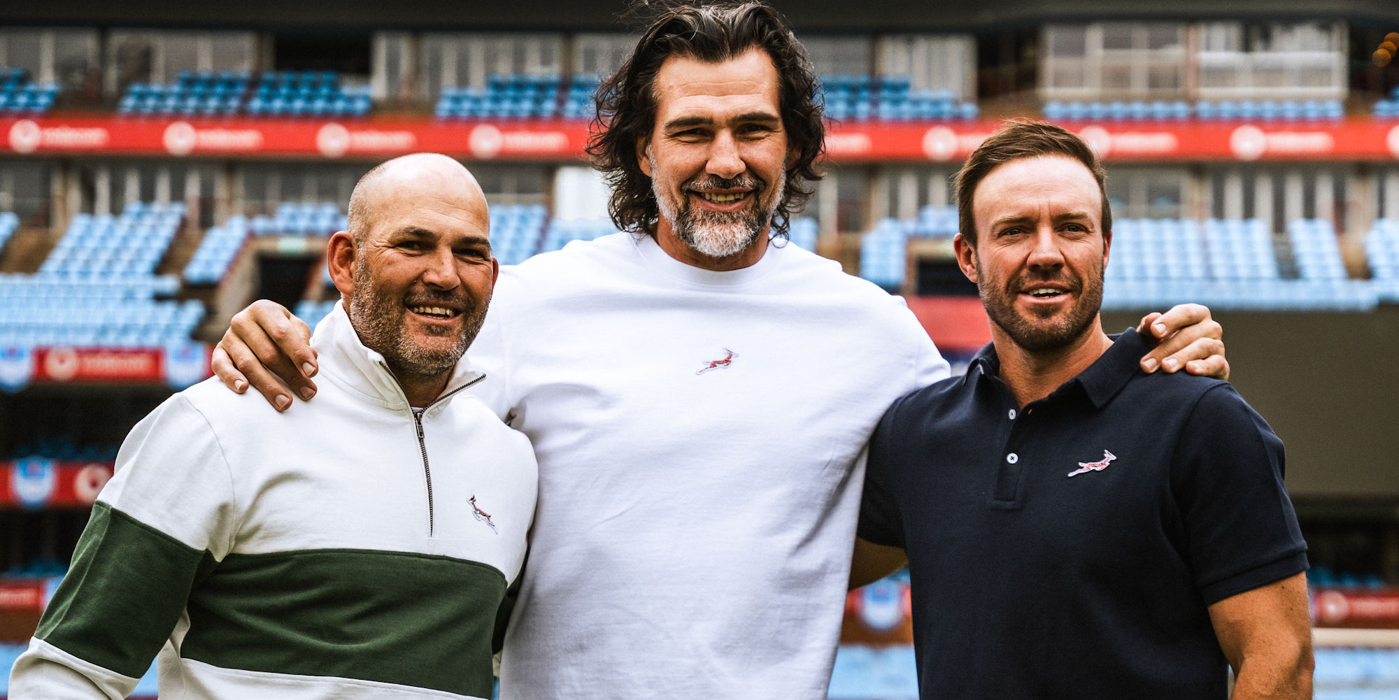 Former Springboks Fourie du Preez and Victor Matfield along with former Protea cricket captain AB de Villiers wearing some of the new range.