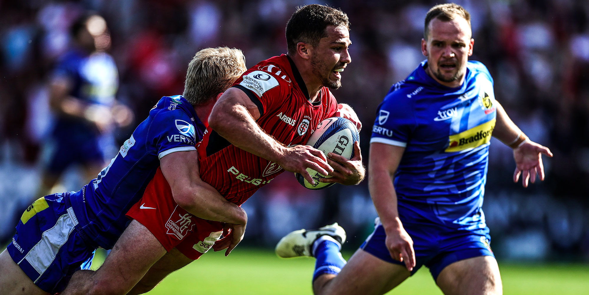 Toulouse captain Antoine Dupont goes over for a try against Exeter Chiefs.