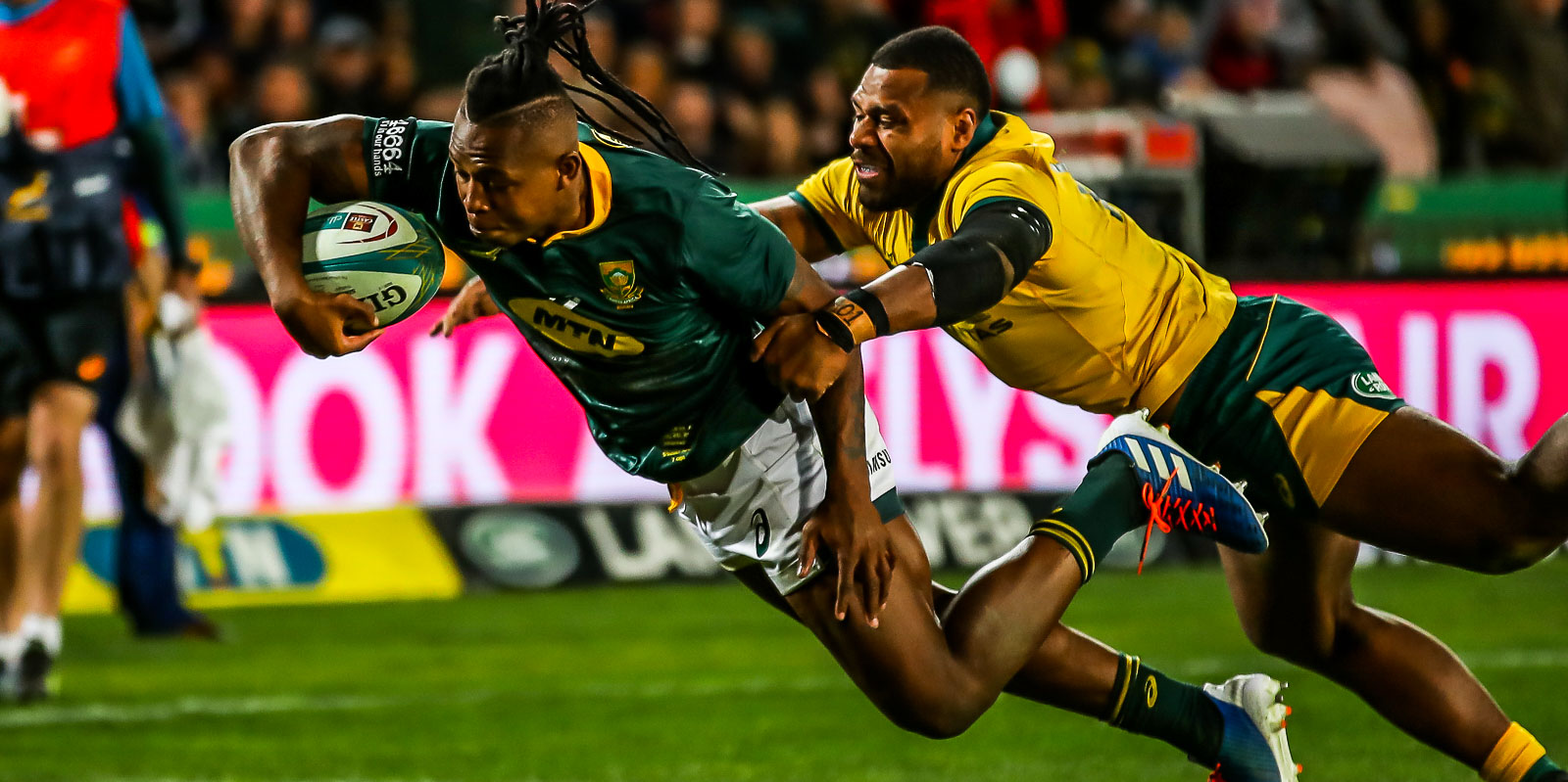 Sbu Nkosi scores against Australia in 2019.