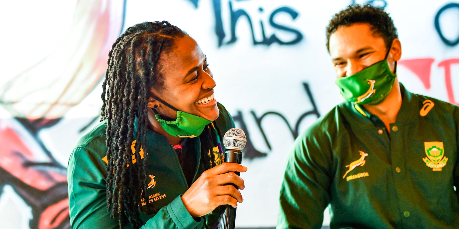 Mpupha at a schools visit with Springbok scrumhalf Herschel Jantjies.