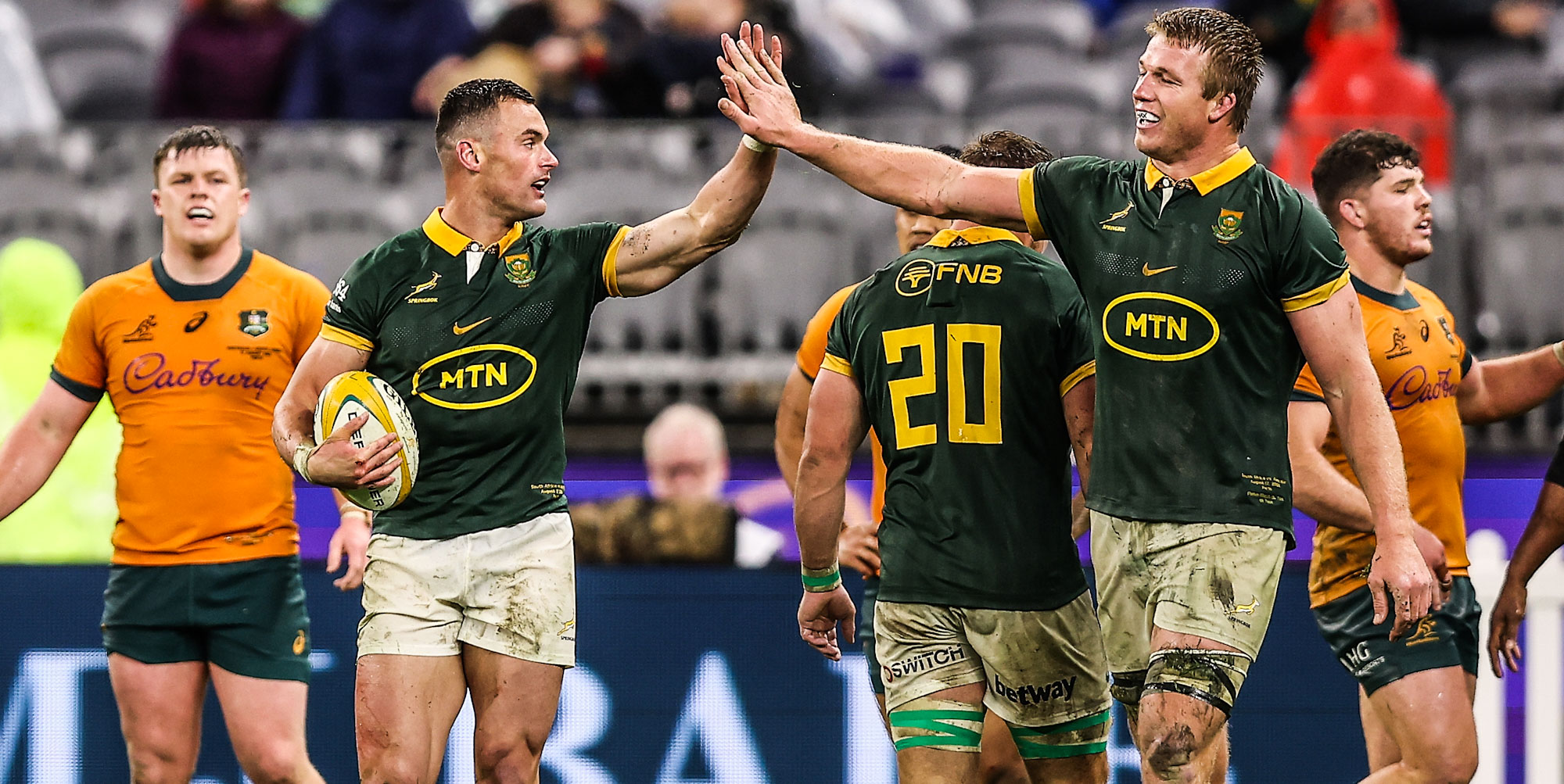 Jesse Kriel and Pieter-Steph du Toit celebrate.