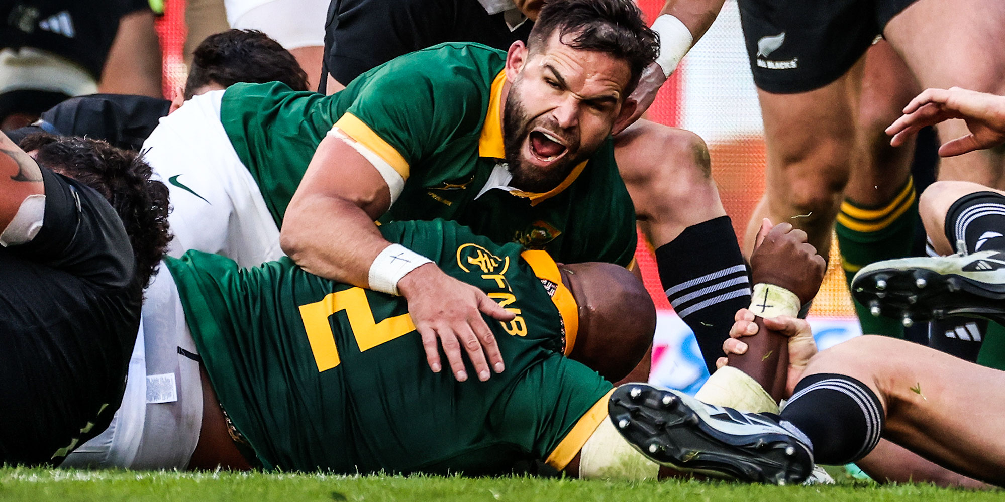 Cobus Reinach celebrates Bongi Mbonambi's try.